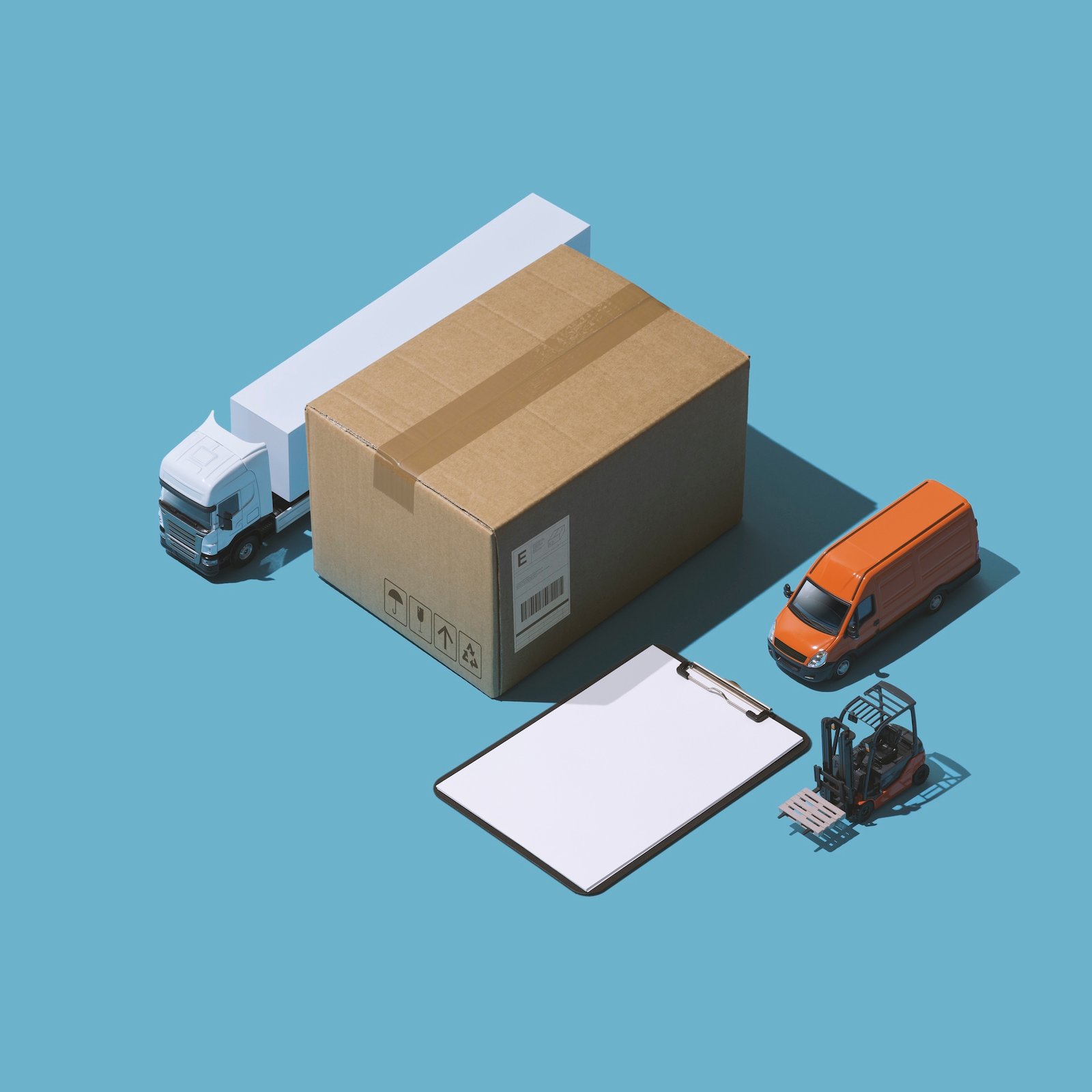 Express delivery and shipment service: cardboard box, trucks and clipboard