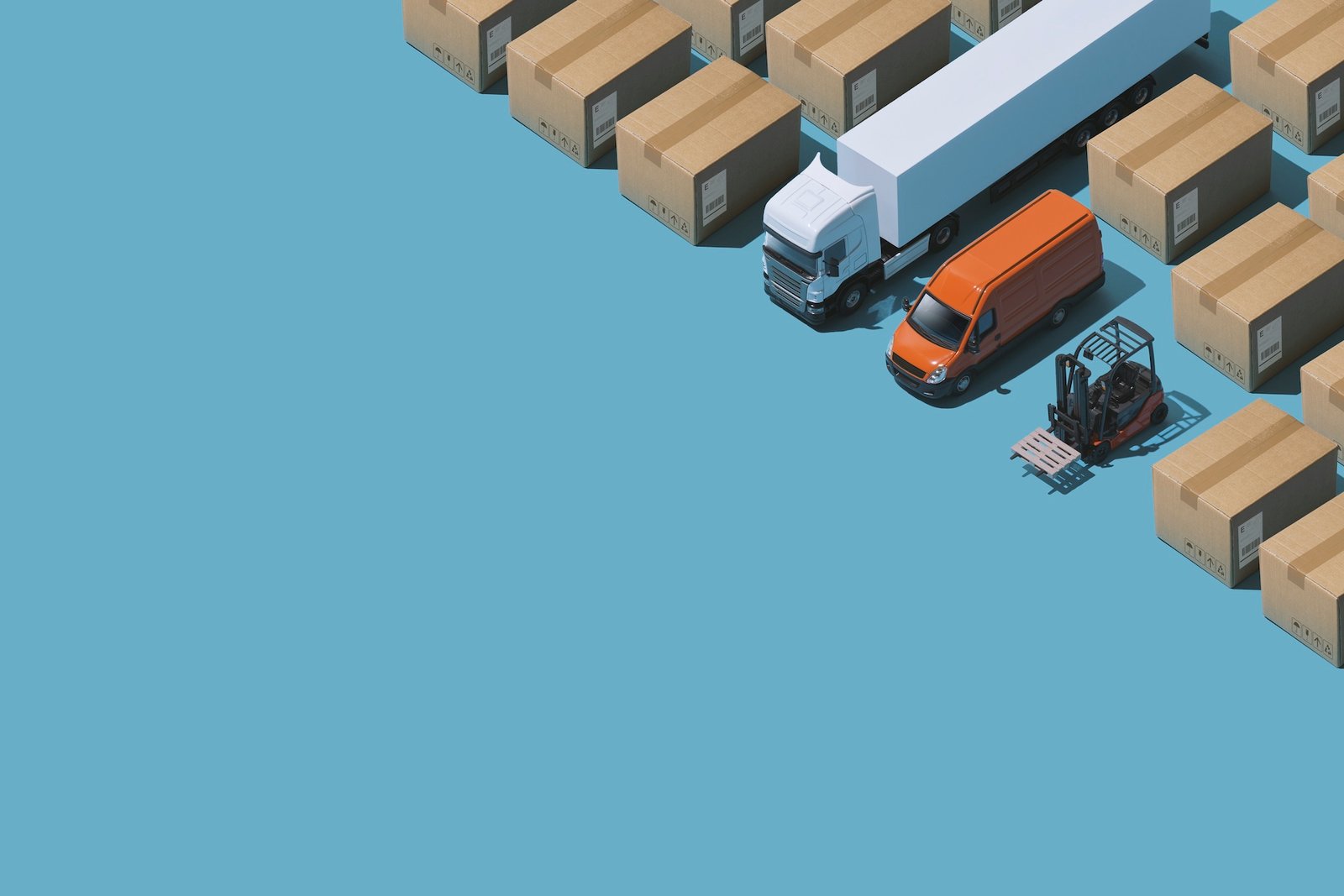 Professional express delivery, warehousing and shipment service: isometric trucks and parcels with copy space